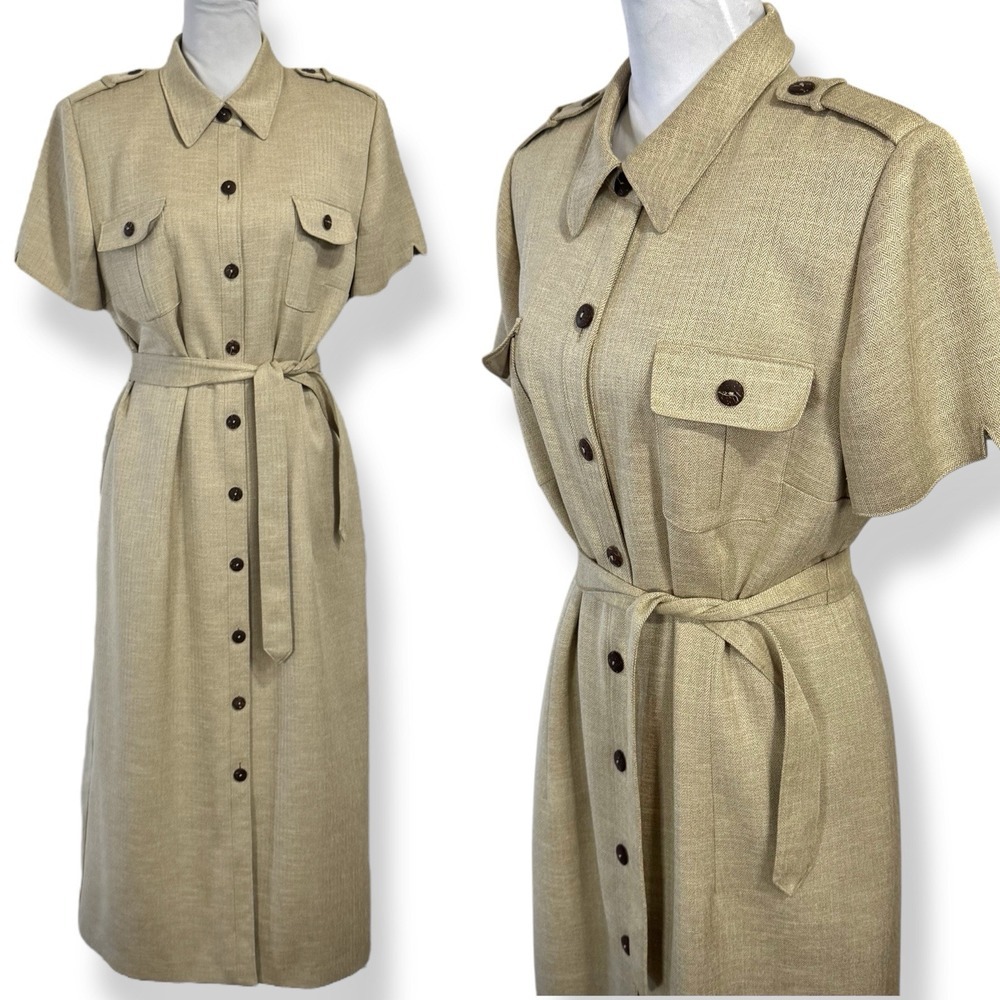 Vintage Button Front Maxi Shirt Dress Size 14 P‎ Herringbone Belted Safari